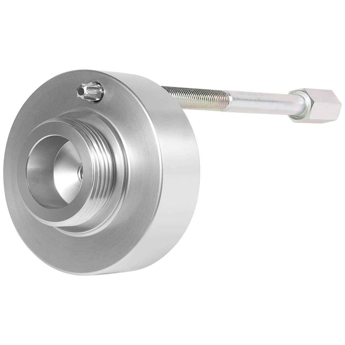 Clutch belt removal tool with round pulley, threaded rod, and hex-head adapter