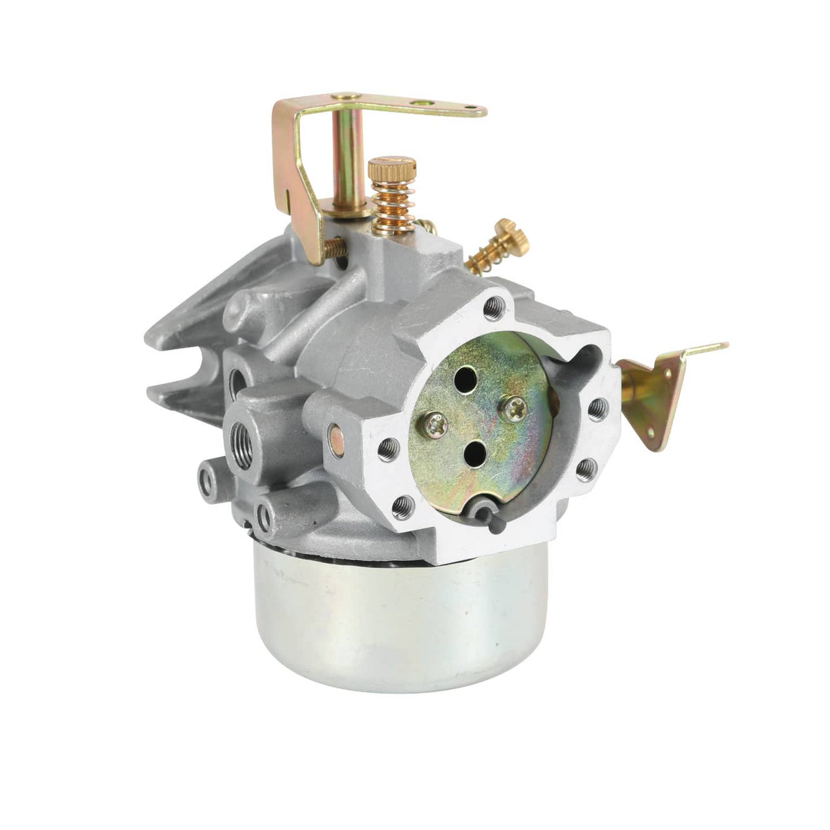 Silver carburetor with green-gold throttle plate and brass springs