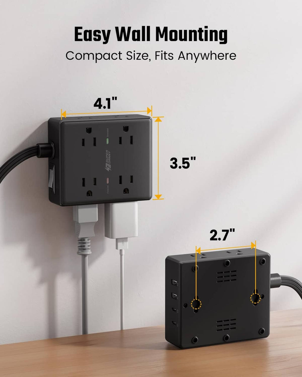 Power strip with easy wall-mount design showing compact front and outlet layout