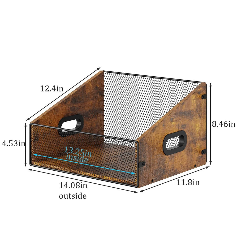 Rustic brown vinyl record storage crate with black wire mesh and handle openings