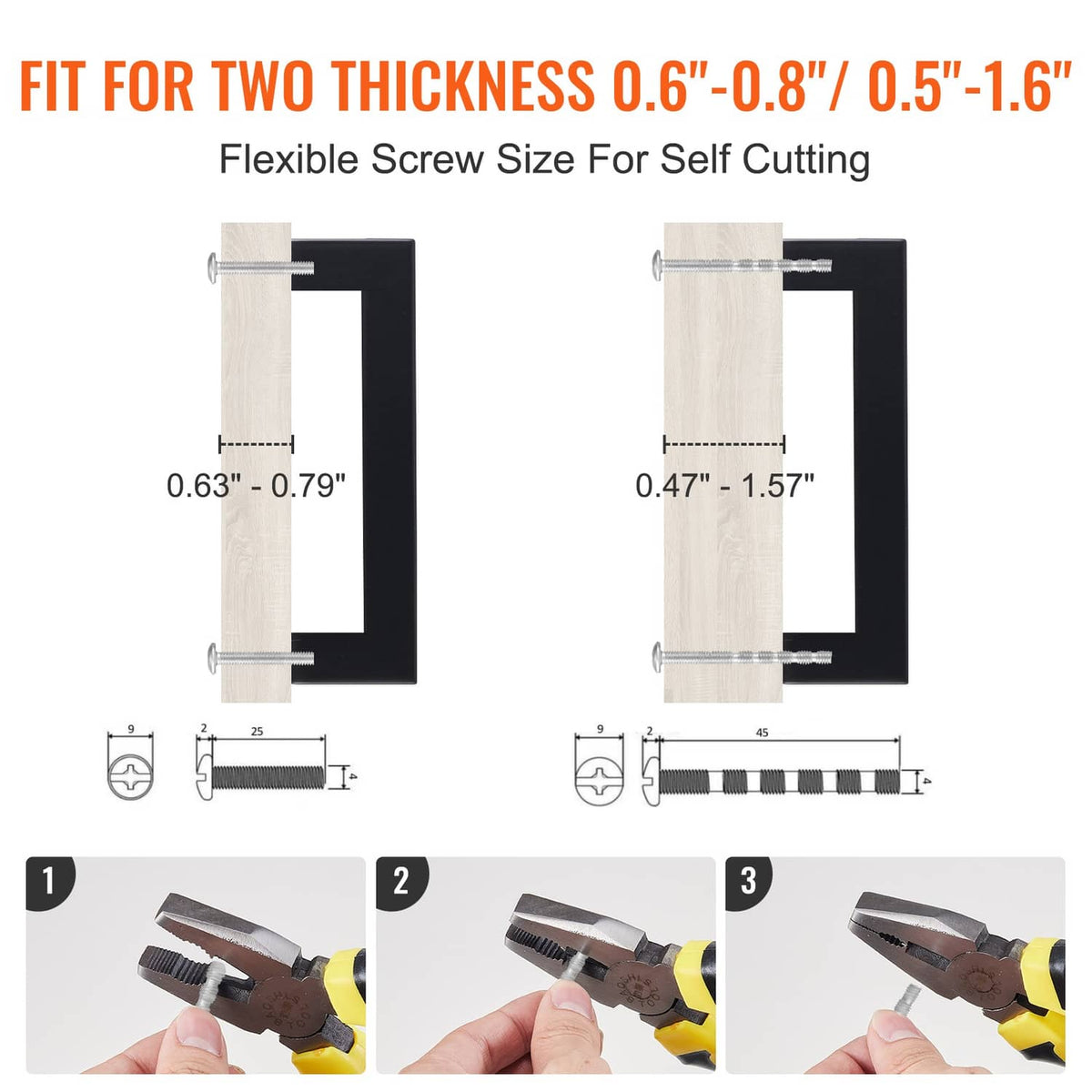 Matte black square cabinet pull showing fit for 0.6–1.6 in thick doors