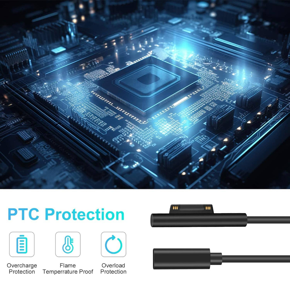 Black charging cable with PTC protection and overheat protection features