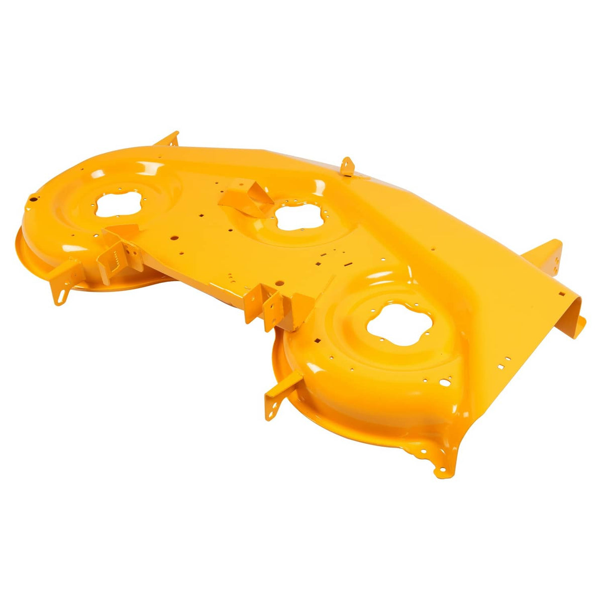 Yellow steel mower deck shell with four circular openings and lift bracket tabs