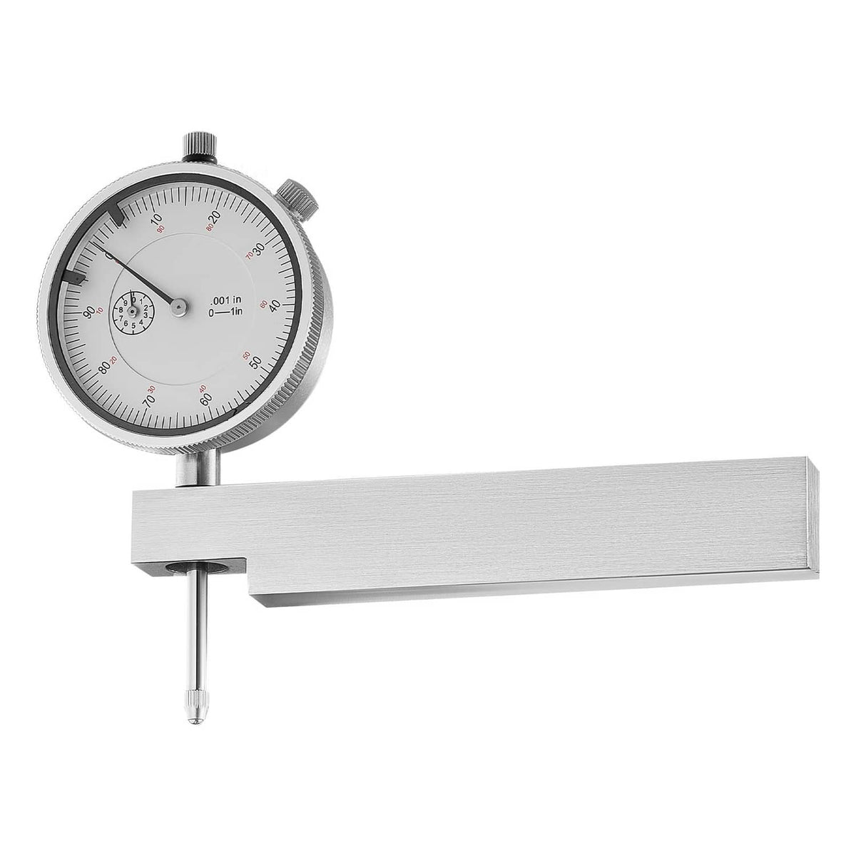 Dial test indicator with metal base arm and round gauge face, front view