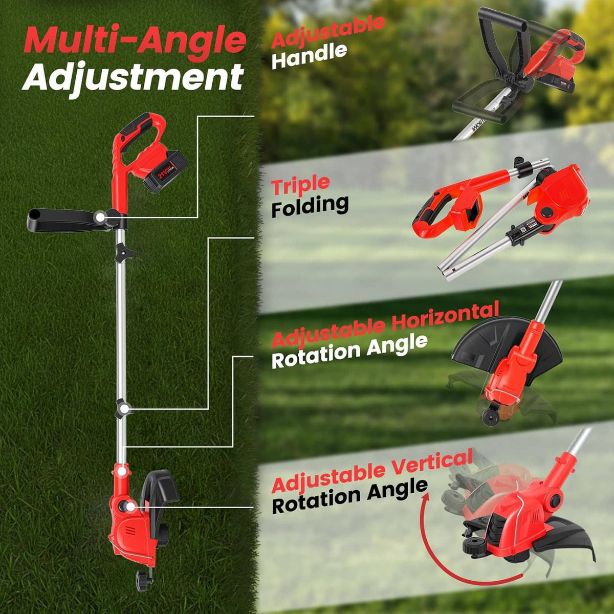 Cordless trimmer with multi-angle adjustable handle and triple-folding design
