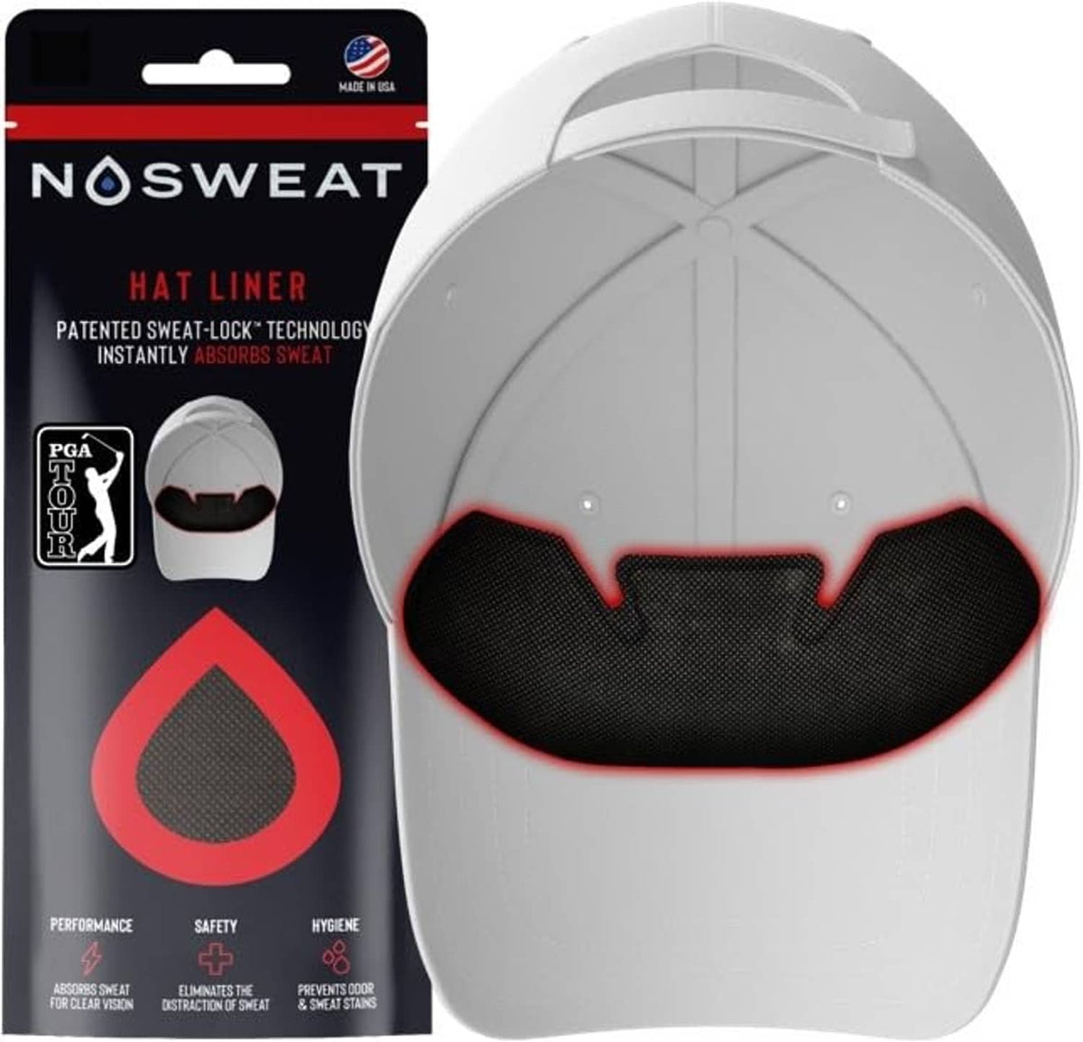 Golf hat sweat liner insert for cap brim, black mesh with red edge trim