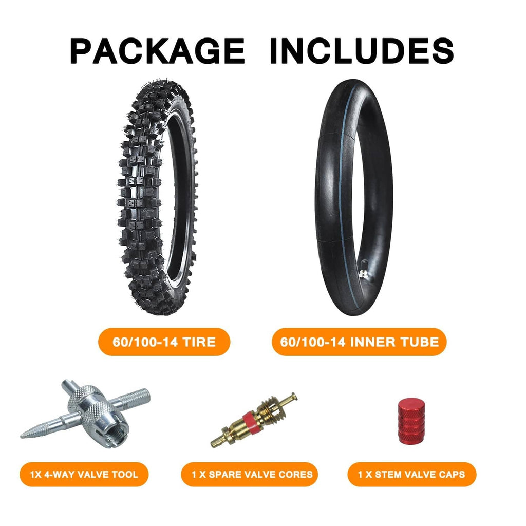 Package includes black tire, inner tube, 4-way valve tool, spare cores, stem caps