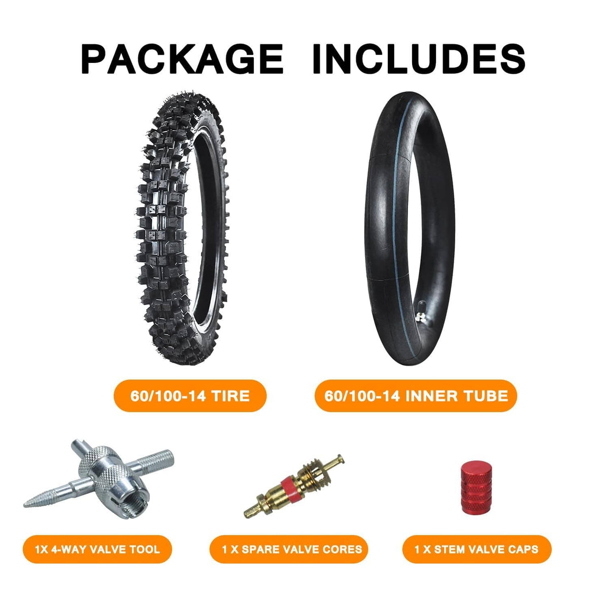 Package includes black tire, inner tube, 4-way valve tool, spare cores, stem caps