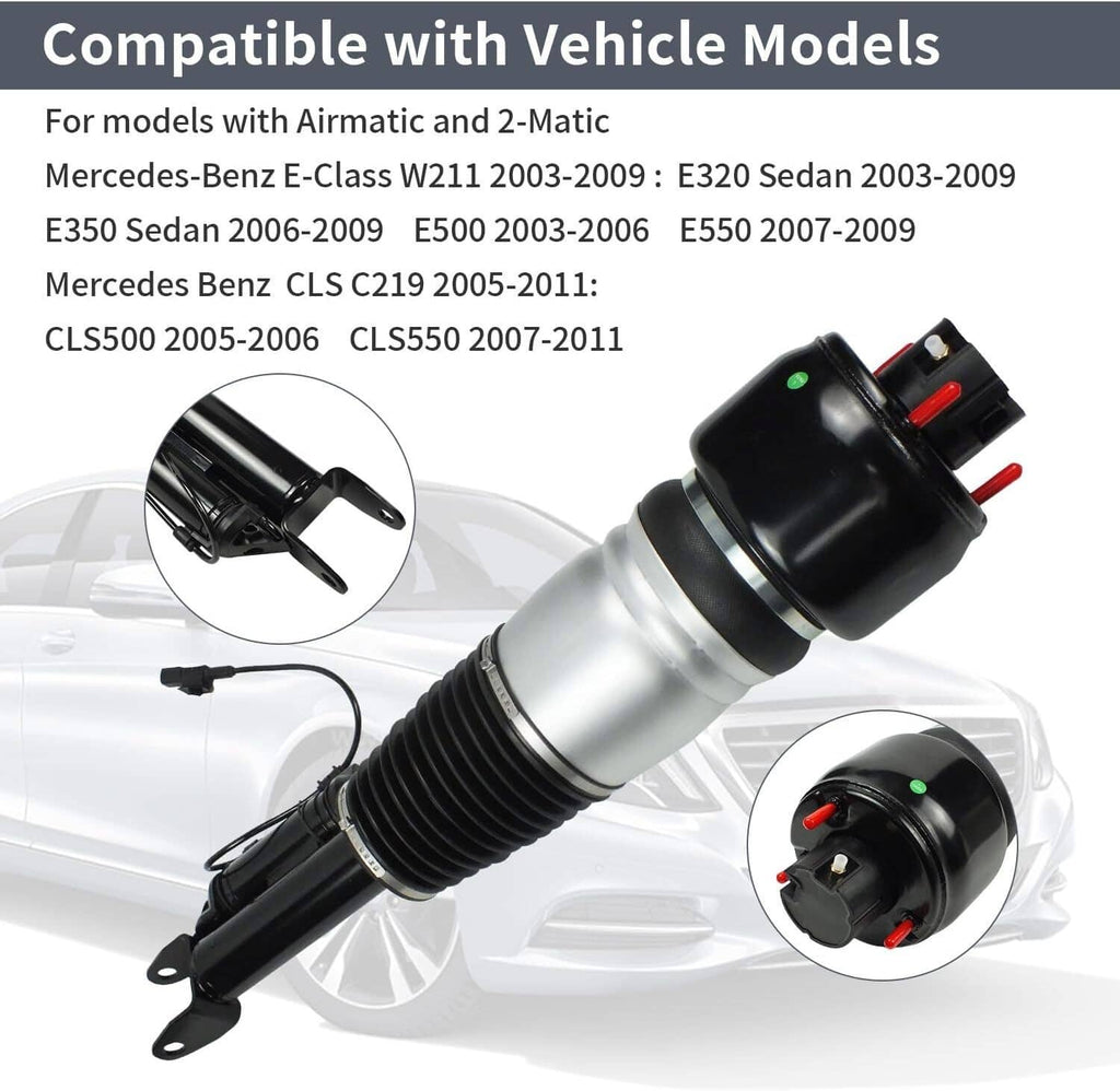 Front air suspension strut with black top mount, silver body, and red connector lines