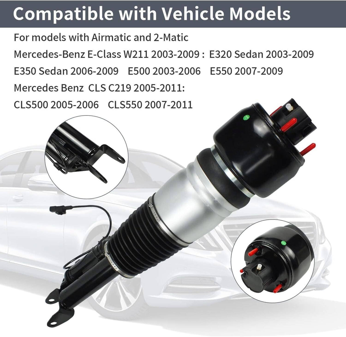Front air suspension strut with black top mount, silver body, and red connector lines