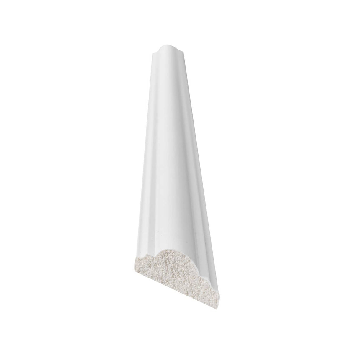 White trim molding piece with tapered profile and textured base edge
