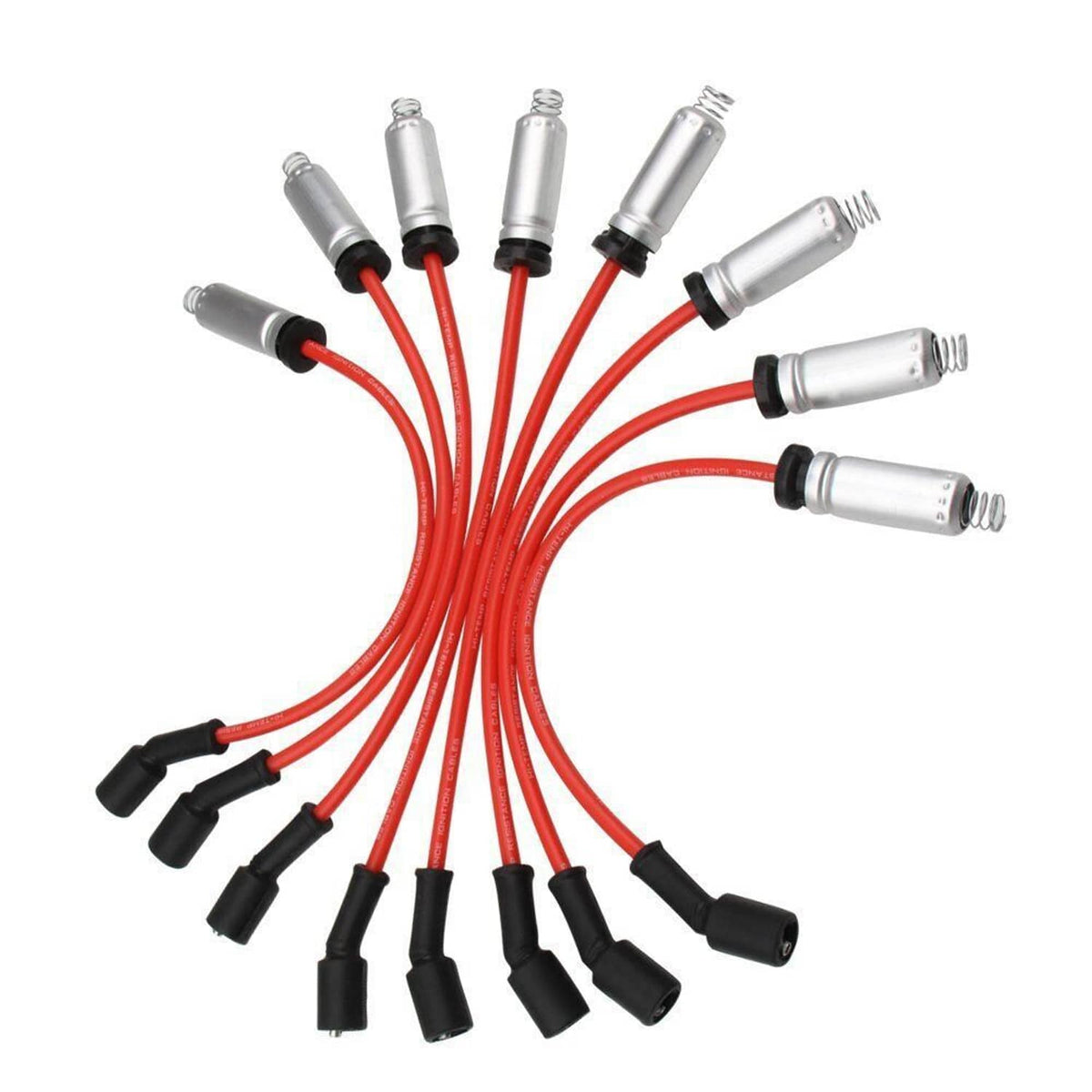 Ignition spark plug wire set with red leads and silver boots