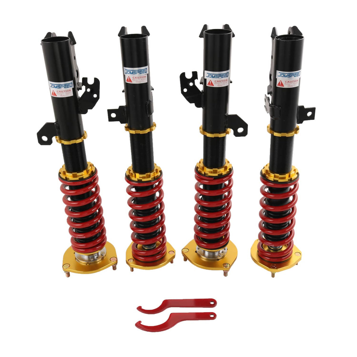 Adjustable coilover strut set with black shocks, red springs, and mounting brackets