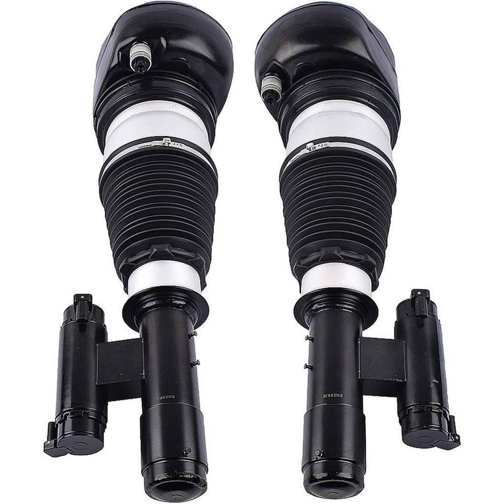 Pair of front air suspension struts with black bellows and silver air sleeves, side view