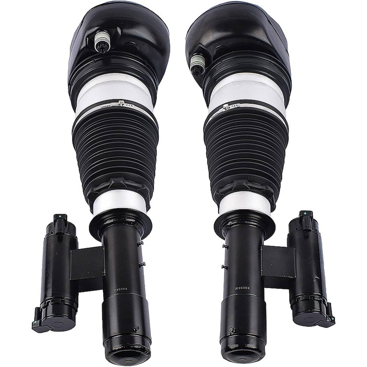 Pair of front air suspension struts with black bellows and silver air sleeves, side view