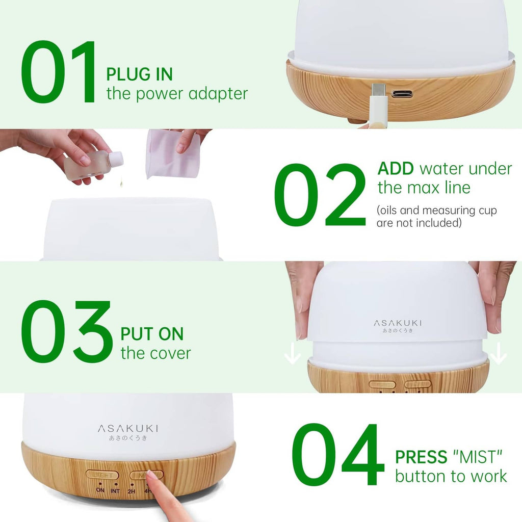 ASAKUKI essential oil diffuser with cover removed, white tank and wood base