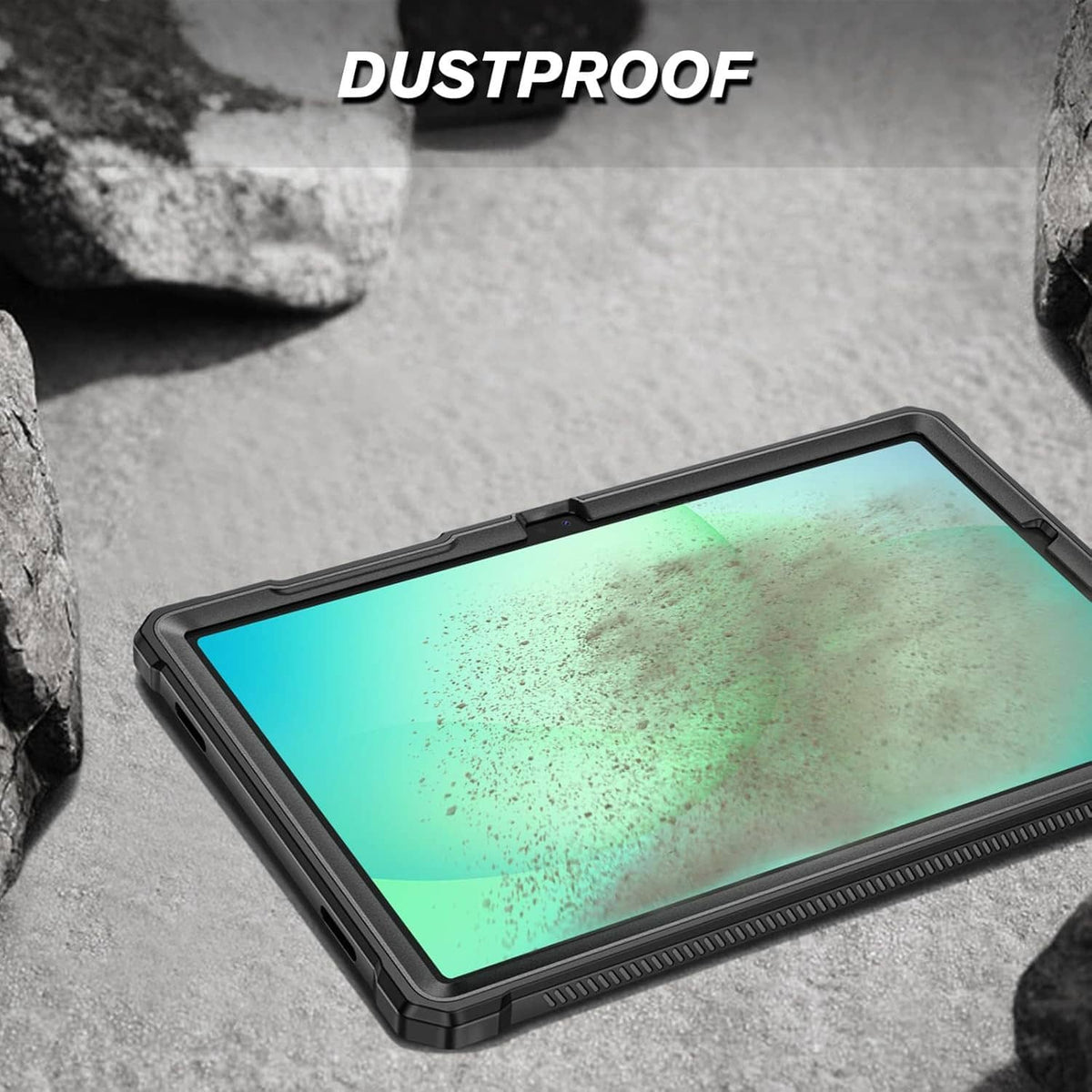 Dustproof rugged tablet case with sealed front opening, dark gray/black frame