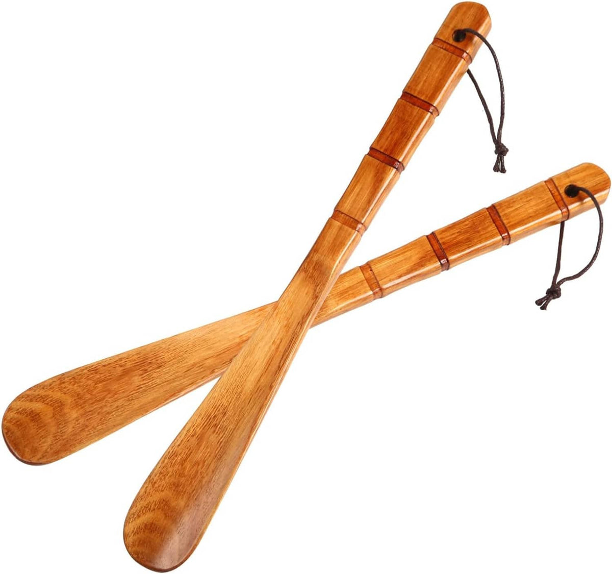 Curved wooden shoe horn paddle with brown handle and hanging rope loop