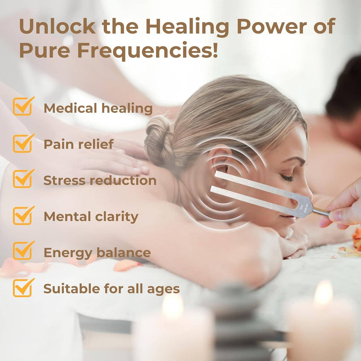 Healing tuning fork set with one silver fork held near shoulder during use
