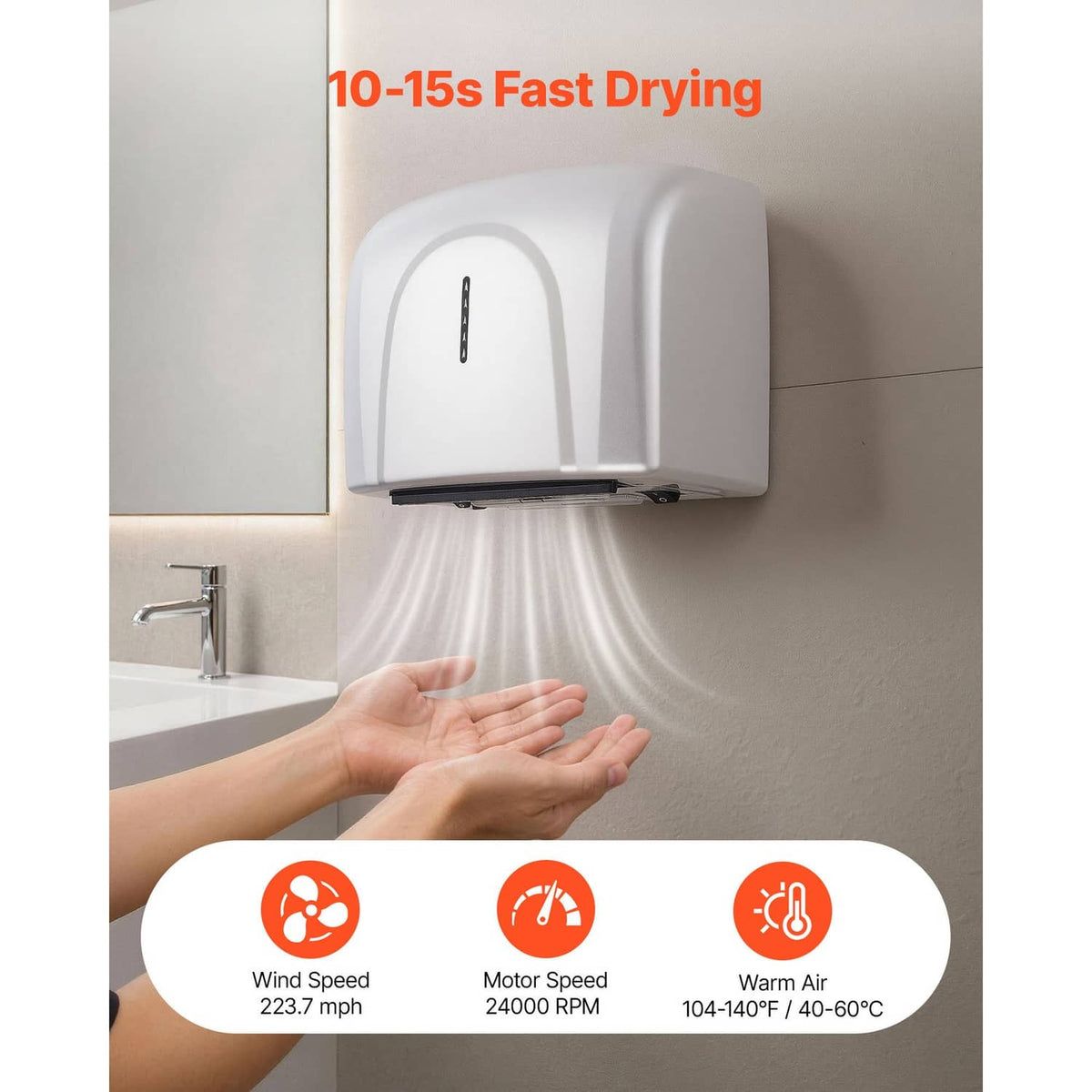 Automatic hand dryer mounted on wall with blue airflow from the bottom outlet