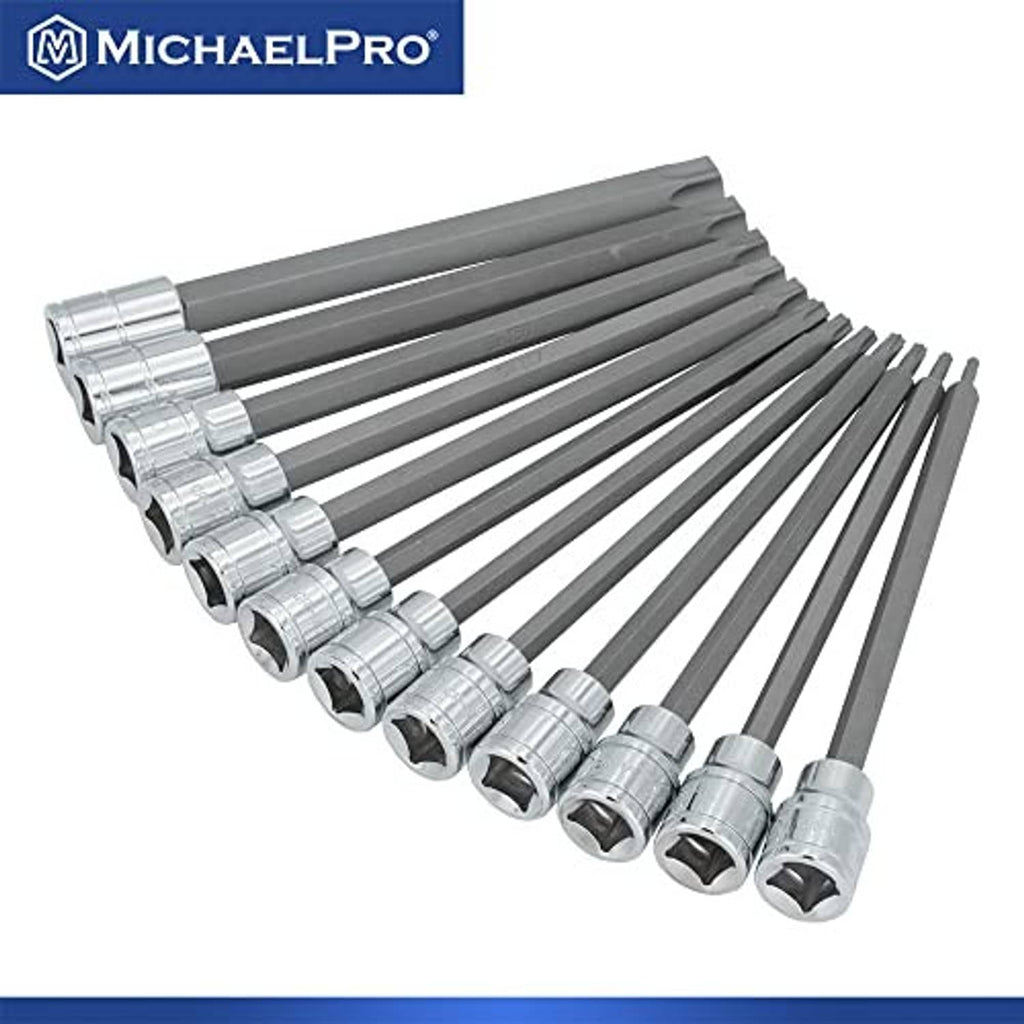 MichaelPro Torx bit socket set spread out, chrome sockets on dark gray long shafts
