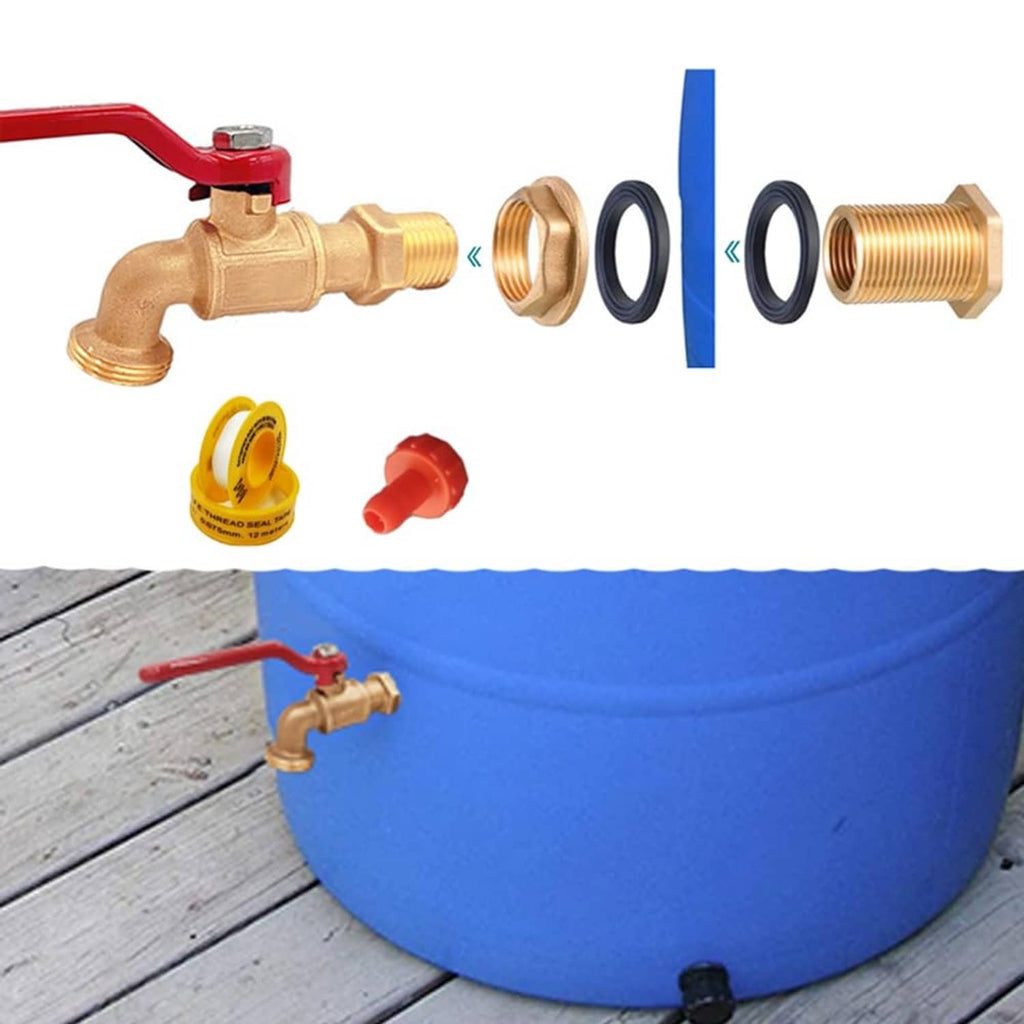 Brass rain barrel spigot kit with red lever, adapter nut, washers, and thread fittings