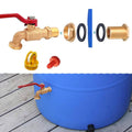 Brass rain barrel spigot kit with red lever, adapter nut, washers, and thread fittings