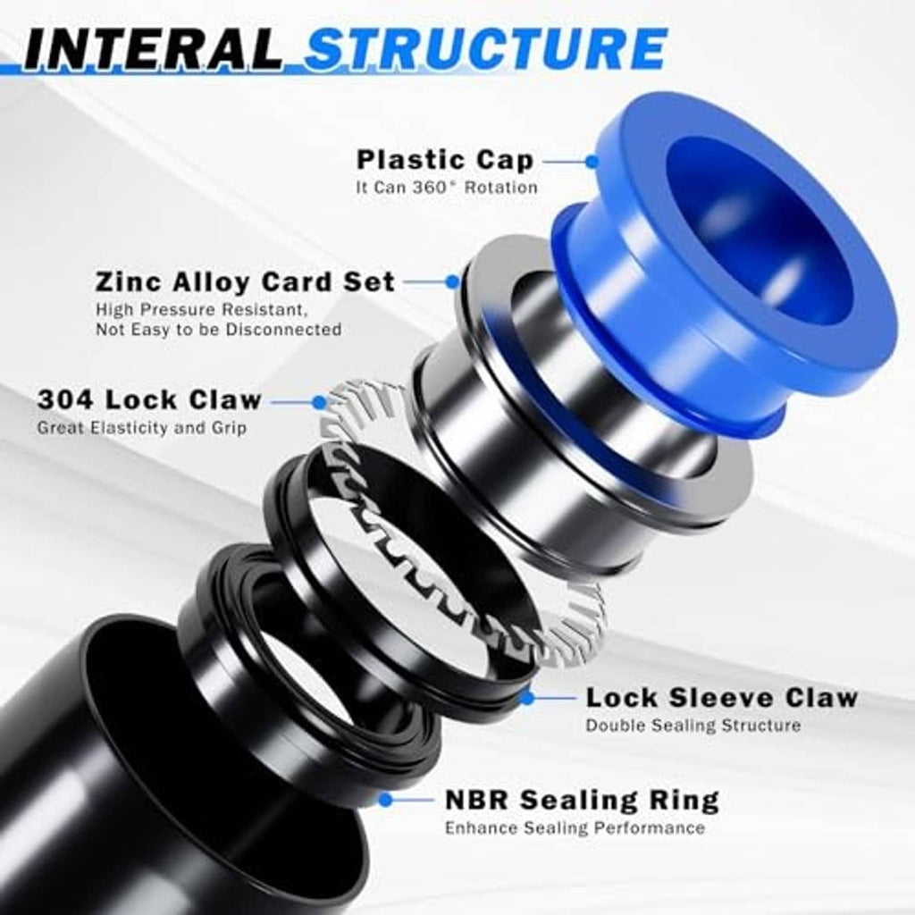 Air line tubing kit connector close-up with blue end cap and black lock sleeve