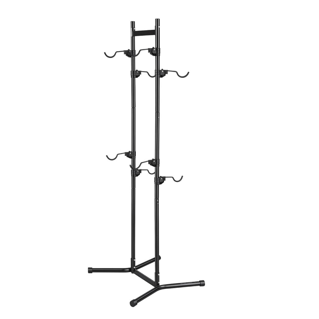 Black freestanding vertical bike rack stand with two posts, front hooks, and a stable base