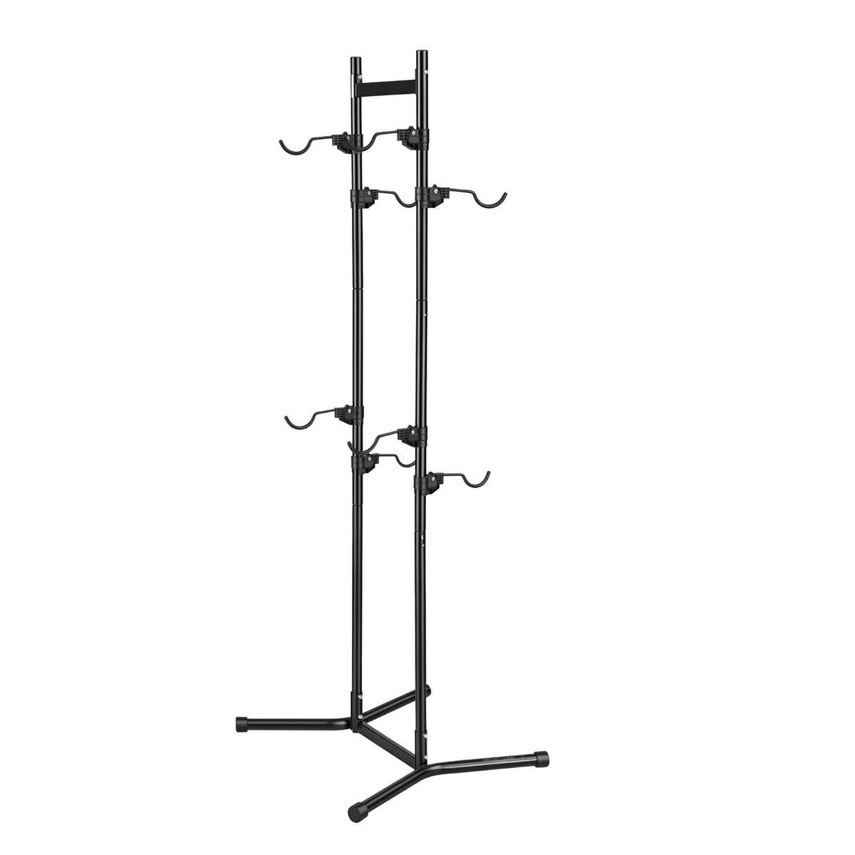 Black freestanding vertical bike rack stand with two posts, front hooks, and a stable base
