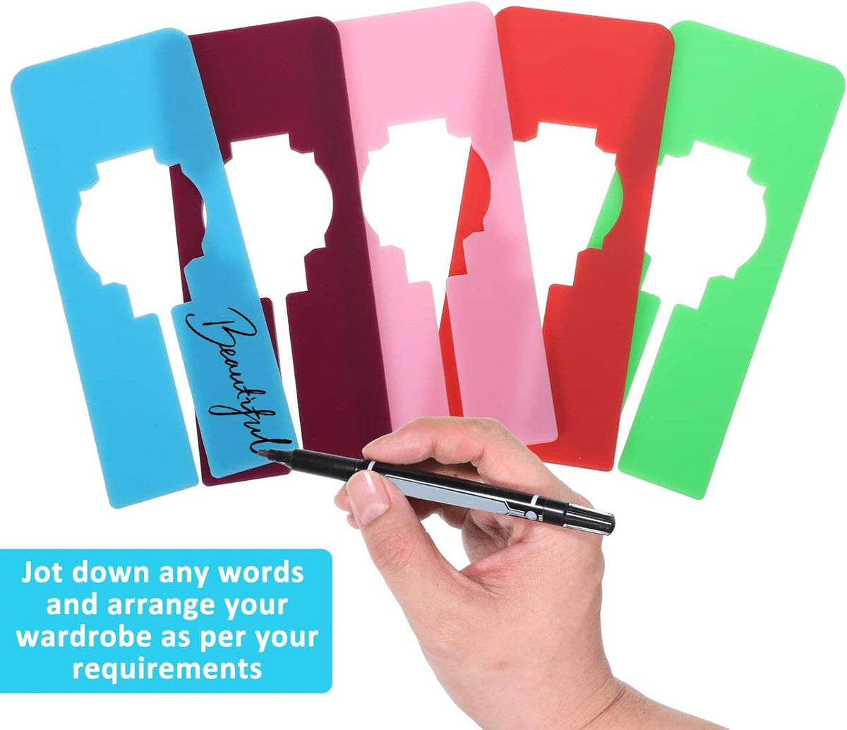 Assorted colorful hanging closet dividers fanned out in plastic, cutout hanger shapes