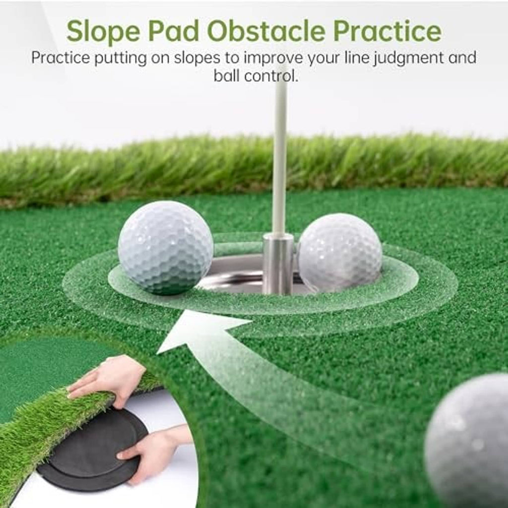 Green putting practice mat with two golf balls and slope-training pad