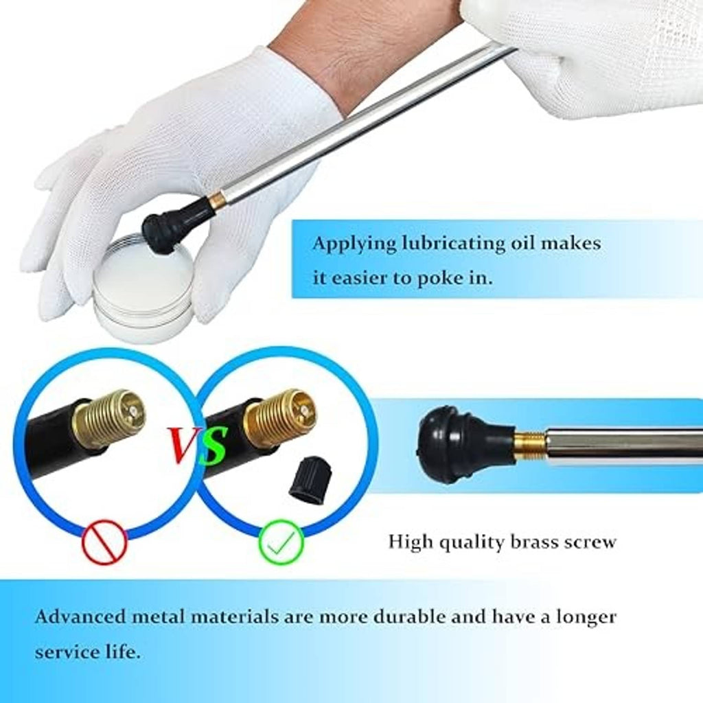 Valve core replacement tool with long metal rod and black rubber head