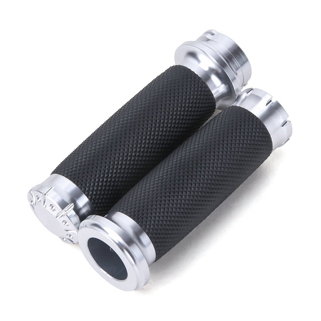 Motorcycle handlebar grips set with black textured rubber and chrome ring ends