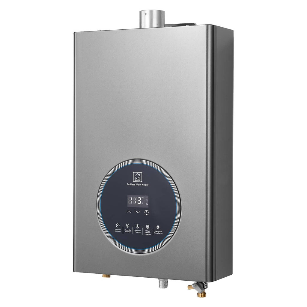 Tankless propane water heater with LED smart control panel, gray metal body