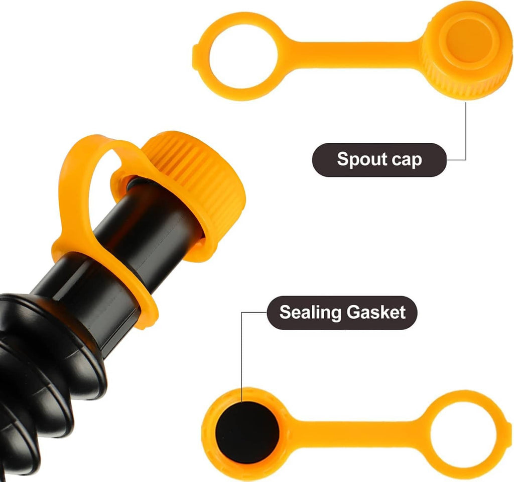 Gas can spout sealing cap with gasket and yellow mounting tool on black nozzle