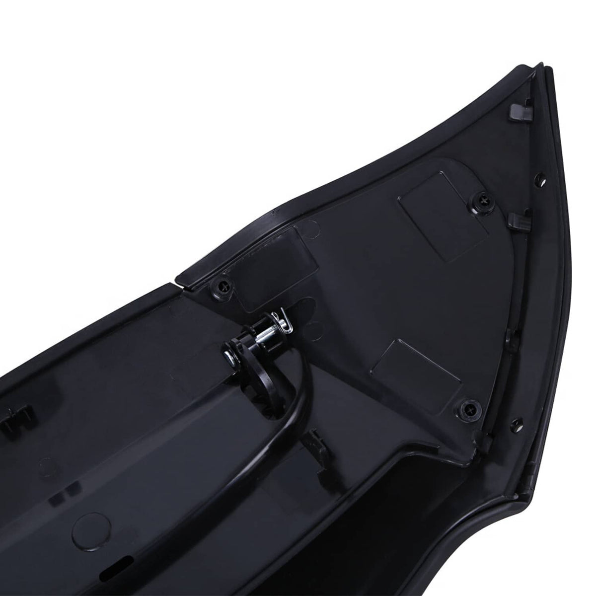 Black motorcycle air duct cover fairing inside view with latch points and brackets