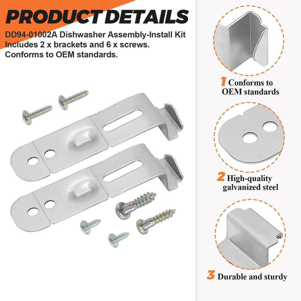 Silver mounting bracket pair with 6 screws for dishwasher assembly-install kit
