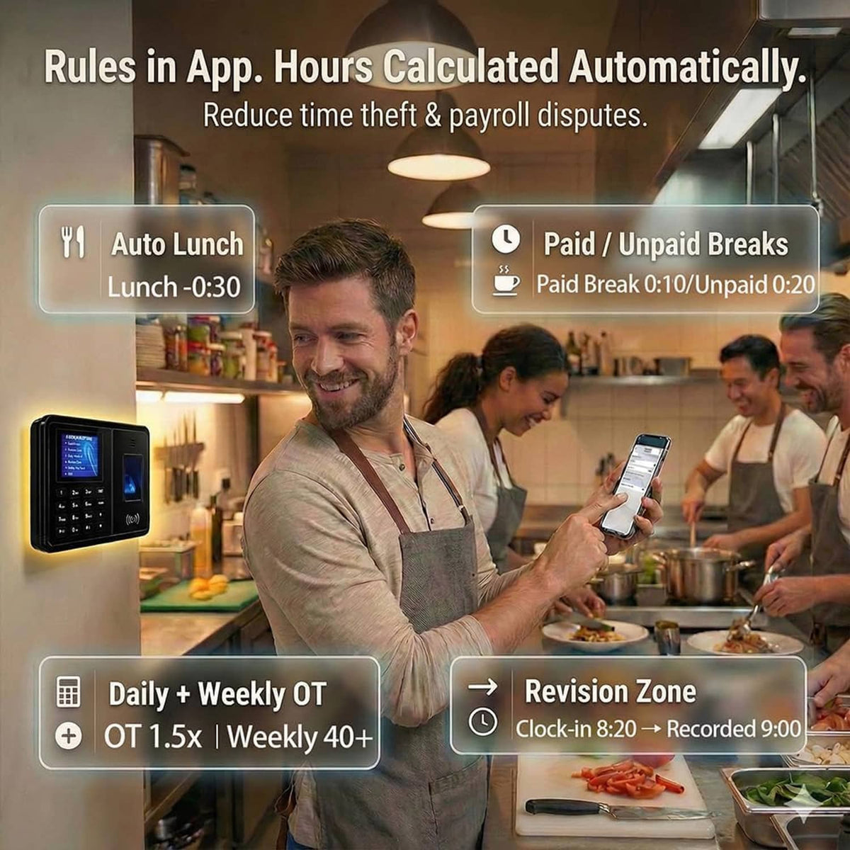 Restaurant staff using smartphones with a time clock showing shift rules in the app