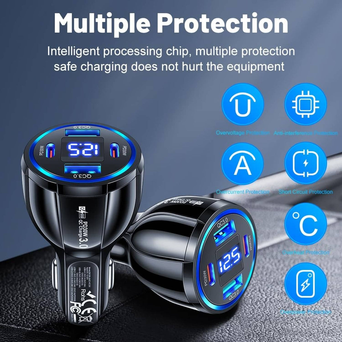 Two car phone charger adapters with blue voltmeter displays in black finish