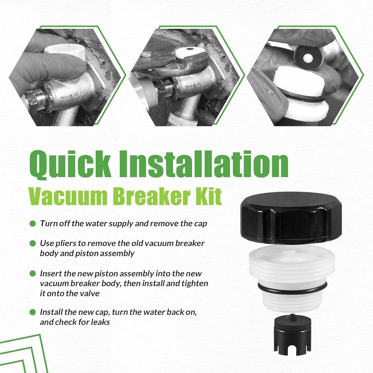 Vacuum breaker piston assembly with black cap and white threaded insert for quick install