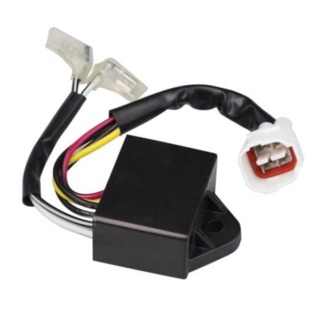 Black CDI ignition module with wire harness and two white electrical connectors