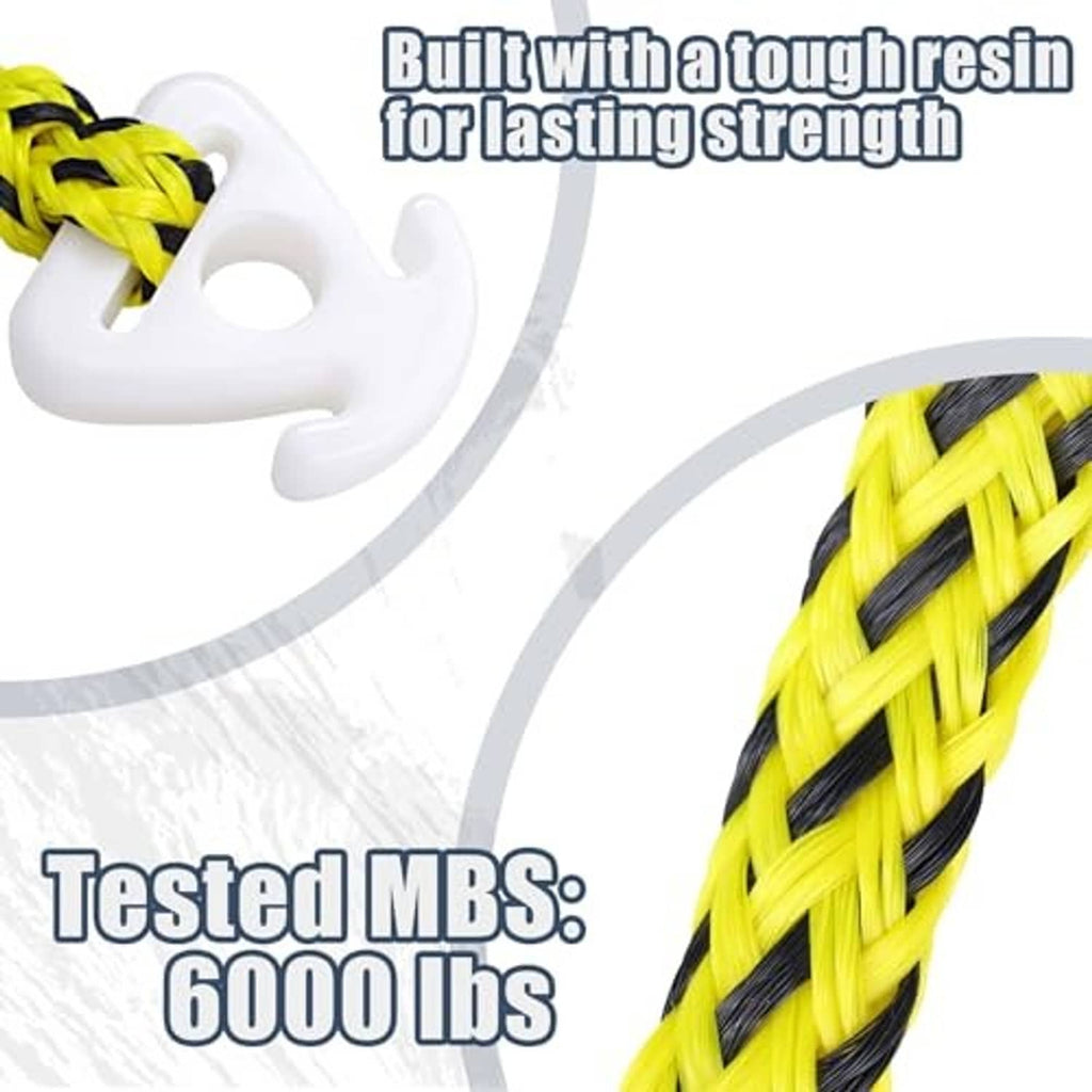 Yellow and black braided tow rope looped through white connector for secure towing