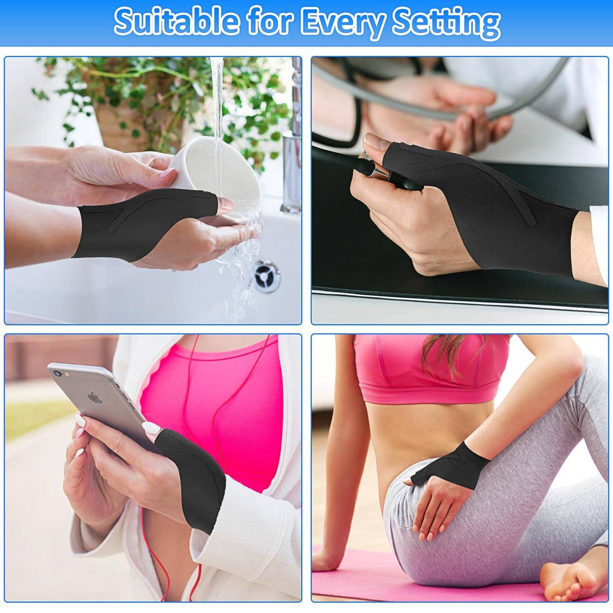 Black thumb wrist brace worn for everyday support, thumb stabilizer