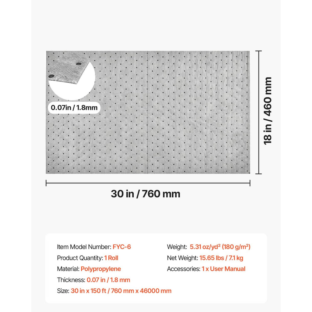 Gray speckled absorbent pad sheet with perforated tear line and size markings