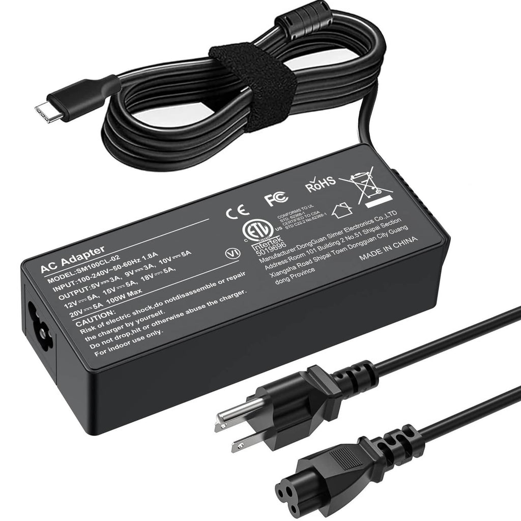Black universal USB-C laptop charger with attached cable and plug adapters
