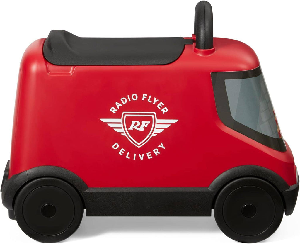 Red ride-on delivery truck toy with Radio Flyer delivery logo and clear window