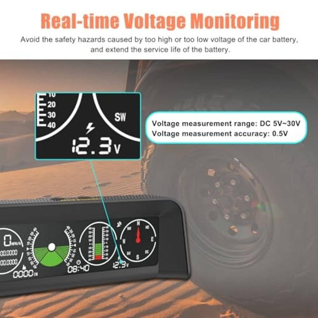 HUD inclinometer with real-time voltage monitoring reading and battery voltage range display