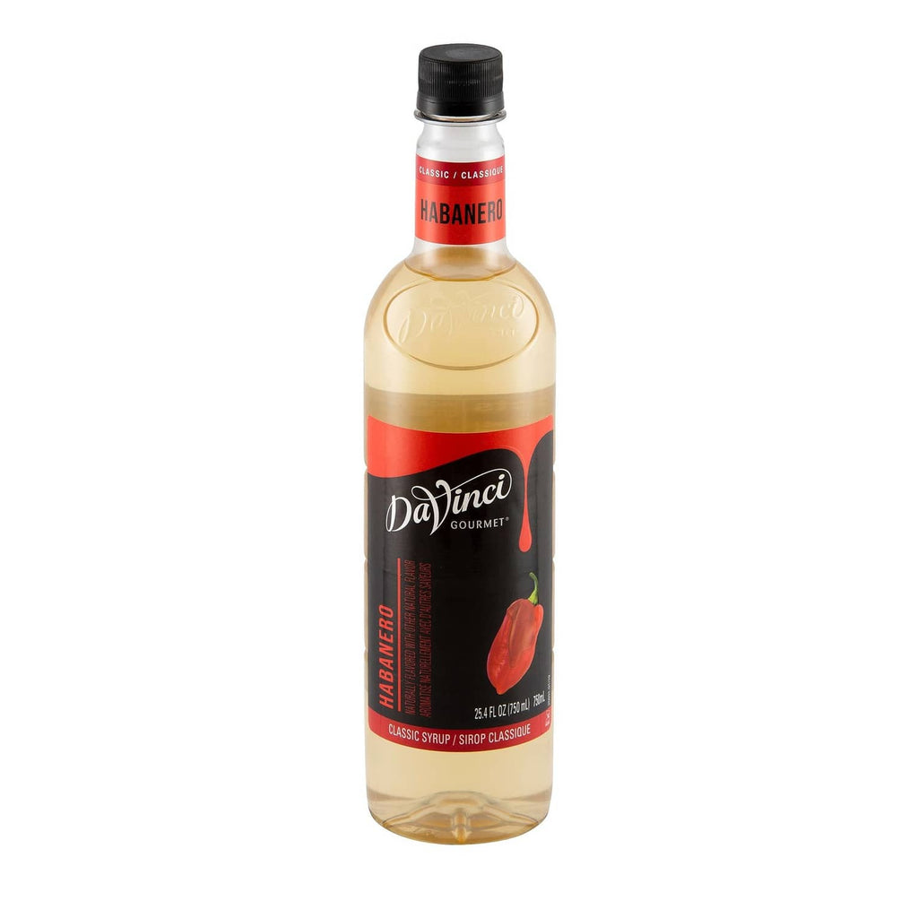 DaVinci Gourmet Classic Habanero syrup bottle, clear amber liquid and red band label