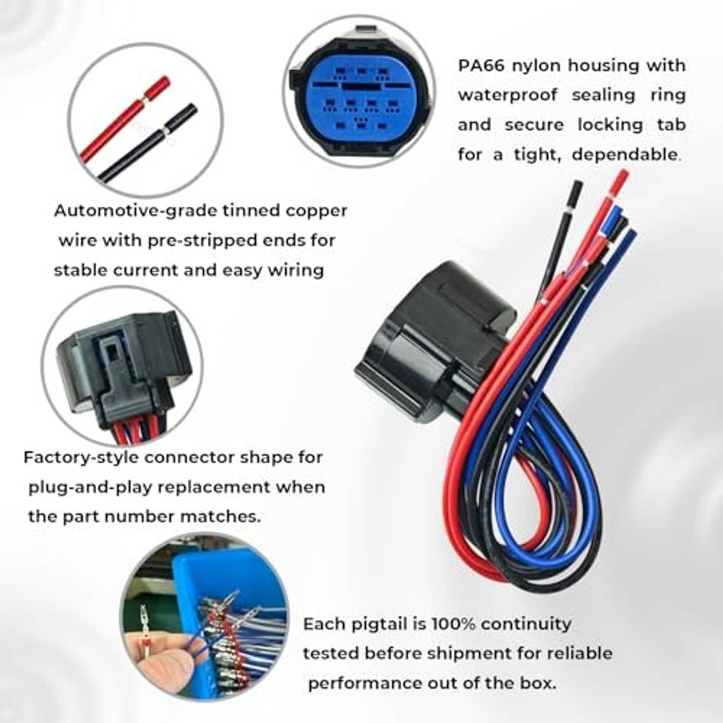Headlight connector pigtail with blue sealed housing and red/blue/black tinned copper wires